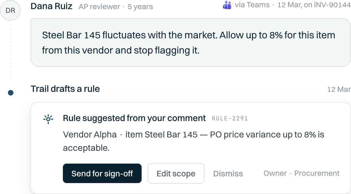 An AP reviewer's correction about Steel Bar 145 price fluctuation turning into a proposed rule allowing up to 8% variance for that item from that vendor, pending approval.